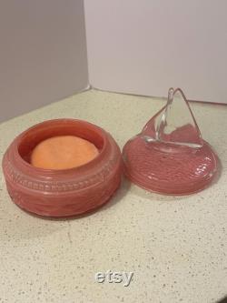 1930s Art Deco Reversed Painted Pink Depression Glass Powder Box with Glass Sailboat Top