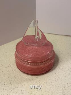 1930s Art Deco Reversed Painted Pink Depression Glass Powder Box with Glass Sailboat Top