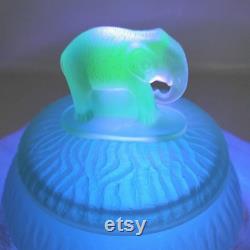 1930s Green Frosted Elephant Finial Powder Jar Trinket Satin Uranium Glow 6 inch