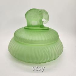 1930s Green Frosted Elephant Finial Powder Jar Trinket Satin Uranium Glow 6 inch