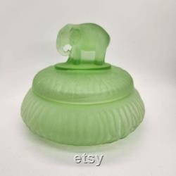 1930s Green Frosted Elephant Finial Powder Jar Trinket Satin Uranium Glow 6 inch