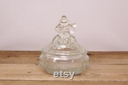 1930s L.E. Smith Minstrel Glass Powder Jar Clear Glass Powder Box with Lid