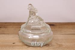 1930s L.E. Smith Minstrel Glass Powder Jar Clear Glass Powder Box with Lid