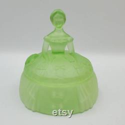 1930s RAMSES Paris Crinoline Girl Powder Jar Uranium Glass Powder Jar, Uranium Satin Finish