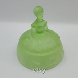 1930s RAMSES Paris Crinoline Girl Powder Jar Uranium Glass Powder Jar, Uranium Satin Finish