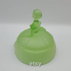 1930s RAMSES Paris Crinoline Girl Powder Jar Uranium Glass Powder Jar, Uranium Satin Finish