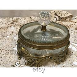 1940-50s Cut Glass 24kt Gold Plated Brass Powder Vanity Jar Vintage