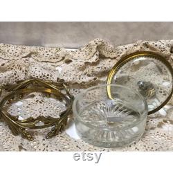 1940-50s Cut Glass 24kt Gold Plated Brass Powder Vanity Jar Vintage