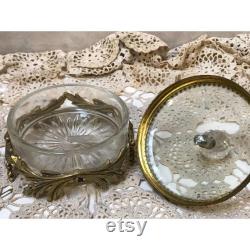 1940-50s Cut Glass 24kt Gold Plated Brass Powder Vanity Jar Vintage