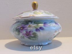 1940 Powder Lidded Jar E and R Golden Crown Western Germany Porcelain Violets Vanity