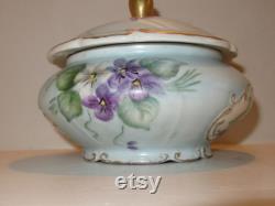 1940 Powder Lidded Jar E and R Golden Crown Western Germany Porcelain Violets Vanity