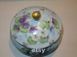 1940 Powder Lidded Jar E and R Golden Crown Western Germany Porcelain Violets Vanity