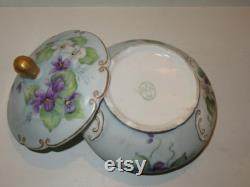 1940 Powder Lidded Jar E and R Golden Crown Western Germany Porcelain Violets Vanity