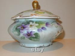 1940 Powder Lidded Jar E and R Golden Crown Western Germany Porcelain Violets Vanity
