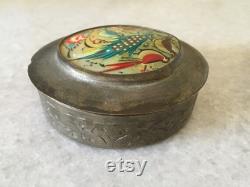 1940's Brass Trinket Powder Round Box. Hand Painted Shell, Engraved Box with Mirror. A Vanity Storage Vintage Case.