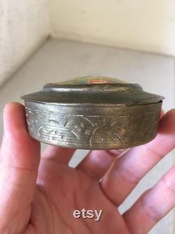 1940's Brass Trinket Powder Round Box. Hand Painted Shell, Engraved Box with Mirror. A Vanity Storage Vintage Case.