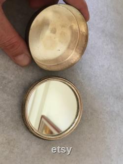 1940's Brass Trinket Powder Round Box. Hand Painted Shell, Engraved Box with Mirror. A Vanity Storage Vintage Case.