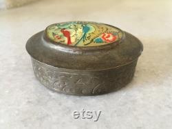 1940's Brass Trinket Powder Round Box. Hand Painted Shell, Engraved Box with Mirror. A Vanity Storage Vintage Case.