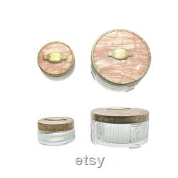 1940s Pair of Pink Faux Pearl and Gold Trim Round Powder Makeup Dresser Boxes
