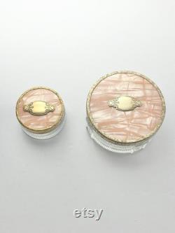 1940s Pair of Pink Faux Pearl and Gold Trim Round Powder Makeup Dresser Boxes