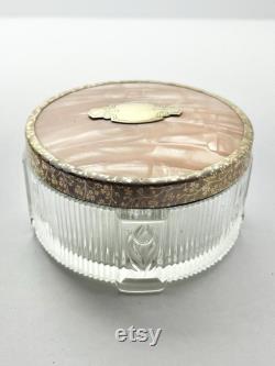 1940s Pair of Pink Faux Pearl and Gold Trim Round Powder Makeup Dresser Boxes