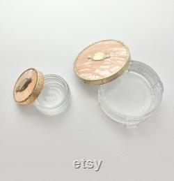 1940s Pair of Pink Faux Pearl and Gold Trim Round Powder Makeup Dresser Boxes