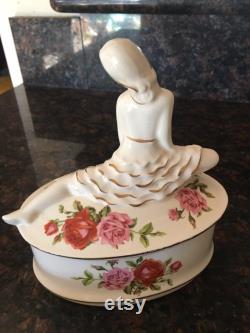 1940s Porcelain 40s Ballerina Lidded Powder Trinket Jewelry Box, Red and Pink Roses
