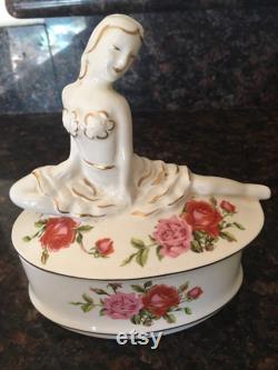 1940s Porcelain 40s Ballerina Lidded Powder Trinket Jewelry Box, Red and Pink Roses