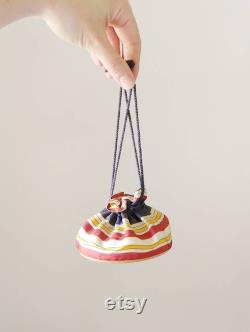 1940s Rex Striped Powder Bag Vintage 40s Drawstring Dance Purse Women's Compact Makeup Mirror Bag