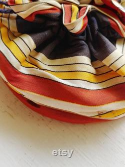 1940s Rex Striped Powder Bag Vintage 40s Drawstring Dance Purse Women's Compact Makeup Mirror Bag