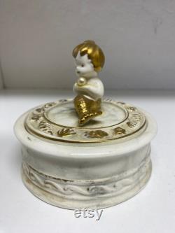 1950s Napcoware Mermaid Powder Jar With Gold Detail Shells Faux Pearl