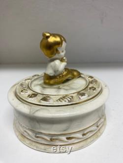 1950s Napcoware Mermaid Powder Jar With Gold Detail Shells Faux Pearl