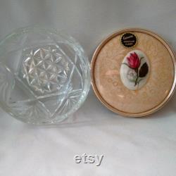 1960s As New With Label PORCELAIN ROSE POWDER Jar, Hobnail Glass and Lace Trinket Box, Mid-century English Vanity Pot, Romantic Gift for Her