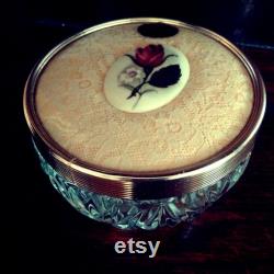 1960s As New With Label PORCELAIN ROSE POWDER Jar, Hobnail Glass and Lace Trinket Box, Mid-century English Vanity Pot, Romantic Gift for Her