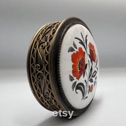 1970-1980 Period Vintage Silverplate Ceramic Filigree Vanity Face Puff Powder Box Compact