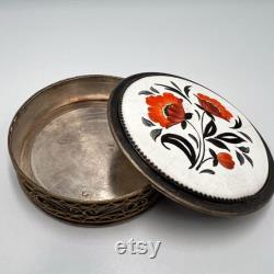 1970-1980 Period Vintage Silverplate Ceramic Filigree Vanity Face Puff Powder Box Compact