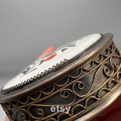 1970-1980 Period Vintage Silverplate Ceramic Filigree Vanity Face Puff Powder Box Compact