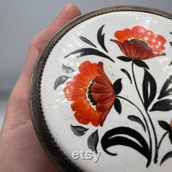 1970-1980 Period Vintage Silverplate Ceramic Filigree Vanity Face Puff Powder Box Compact