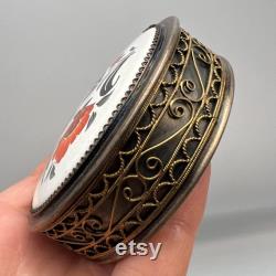 1970-1980 Period Vintage Silverplate Ceramic Filigree Vanity Face Puff Powder Box Compact