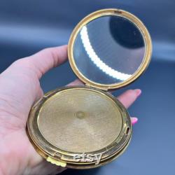 1970-1980 Period Vintage Vanity Face Puff Powder Box Compact Case Mirror Brass Enamel