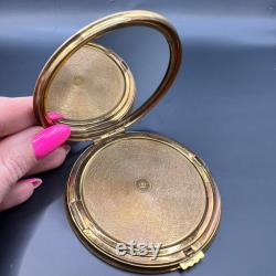 1970-1980 Period Vintage Vanity Face Puff Powder Box Compact Case Mirror Brass Enamel