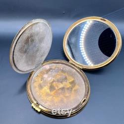 1970-1980 Period Vintage Vanity Face Puff Powder Box Compact Case Mirror Brass Enamel