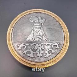 1970-1980 Period Vintage Vanity Face Puff Powder Box Compact Case Mirror Brass Enamel