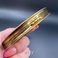 1970-1980 Period Vintage Vanity Face Puff Powder Box Compact Case Mirror Brass Enamel