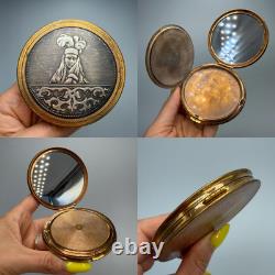 1970s Vintage USSR Compact Powder Box Old Brass Makeup Mirror Vanity Case Gift