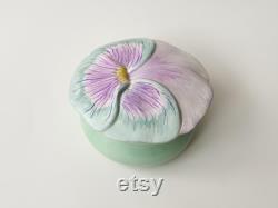 1990s Floral Powder Jar Handmade Pastel Ceramic Hand Painted Pansy Trinket Bowl