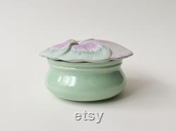 1990s Floral Powder Jar Handmade Pastel Ceramic Hand Painted Pansy Trinket Bowl