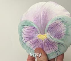 1990s Floral Powder Jar Handmade Pastel Ceramic Hand Painted Pansy Trinket Bowl