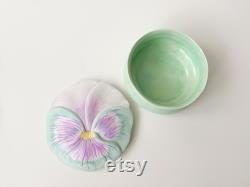 1990s Floral Powder Jar Handmade Pastel Ceramic Hand Painted Pansy Trinket Bowl