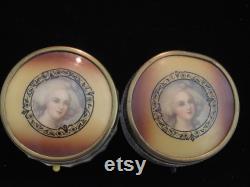 2 Art Deco Vanity Dresser Ribbed Glass Powder Rouge Cream Jars Marie Anntoinette Cameo Lids